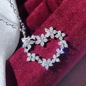 Diamond Flower Heart Silver Tone Necklace